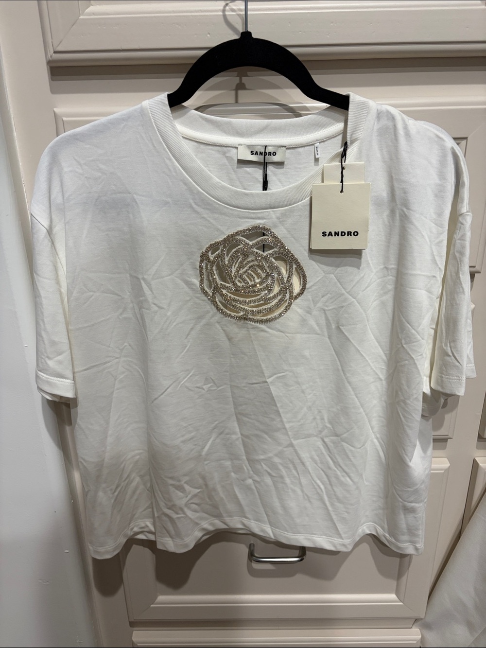 Sandro White Short Sleeve Tee with Metallic Rose Detail